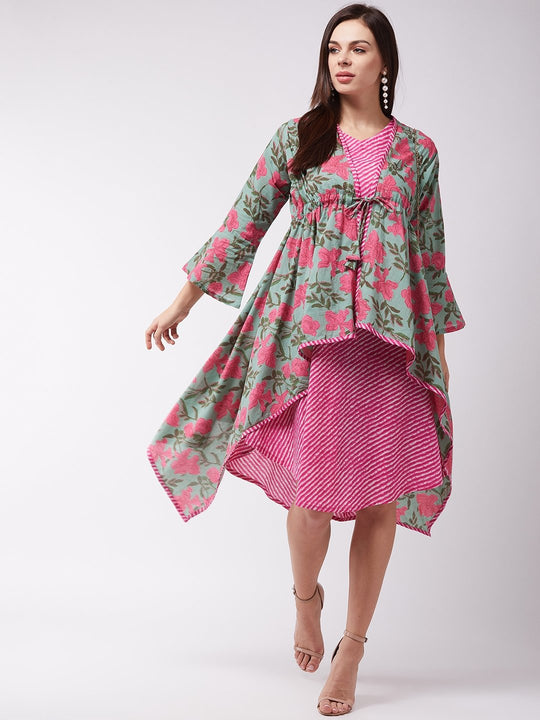 Green -Pink Floral Dress With Shrug