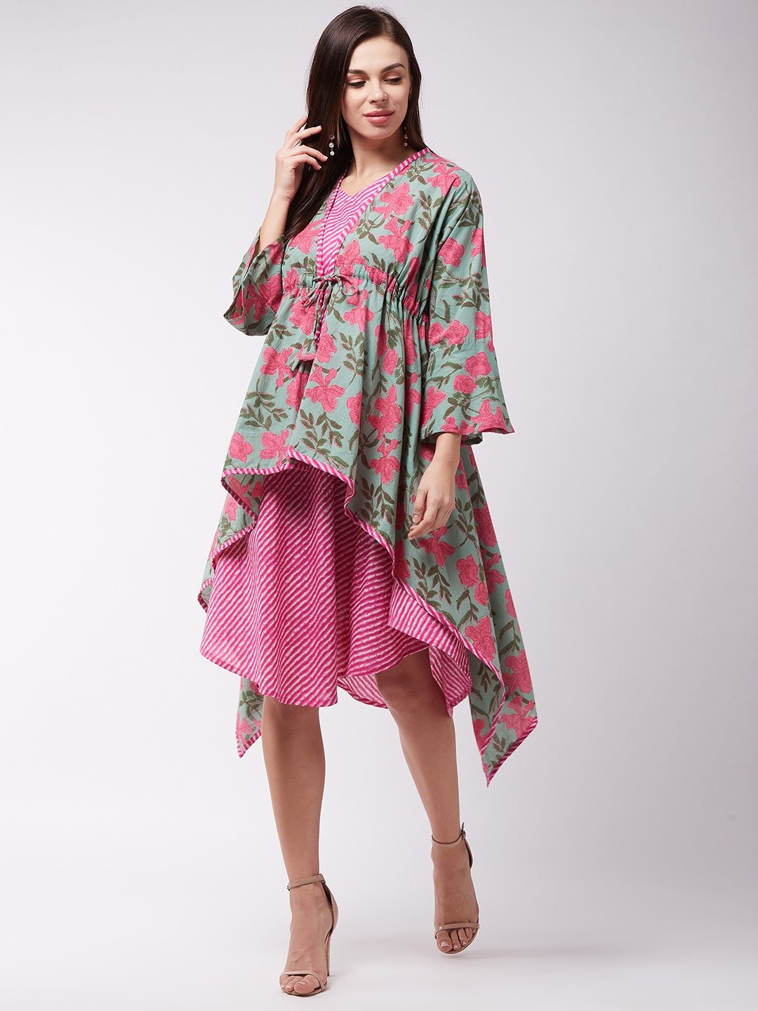 Green -Pink Floral Dress With Shrug