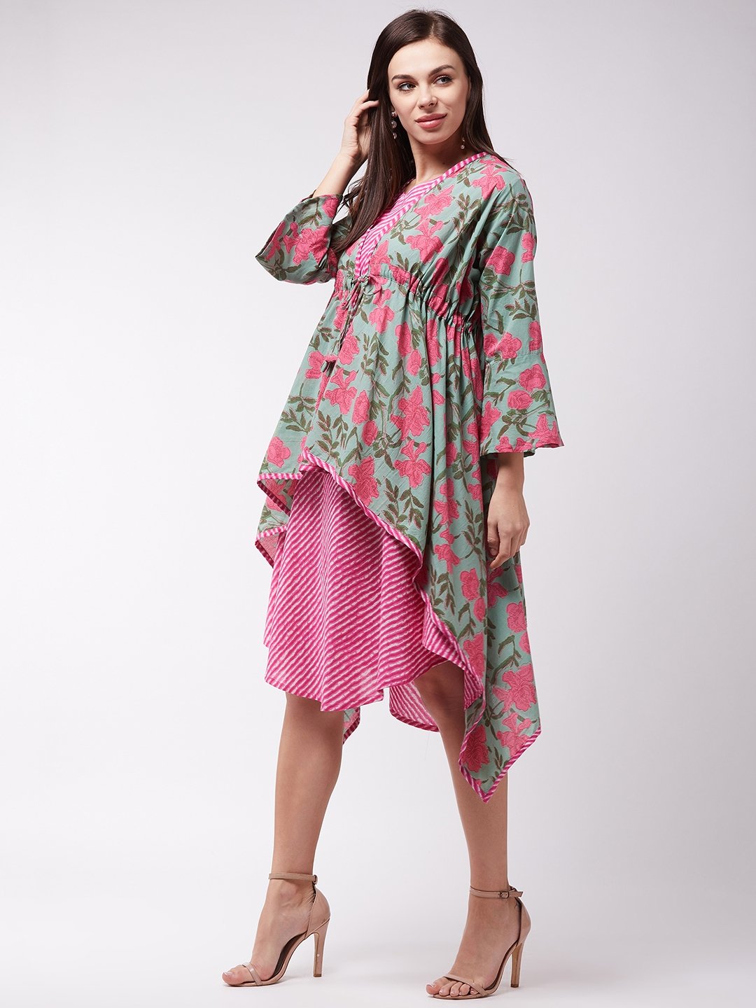 Green -Pink Floral Dress With Shrug