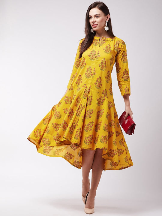 Yellow Maroon Boota Print Dress