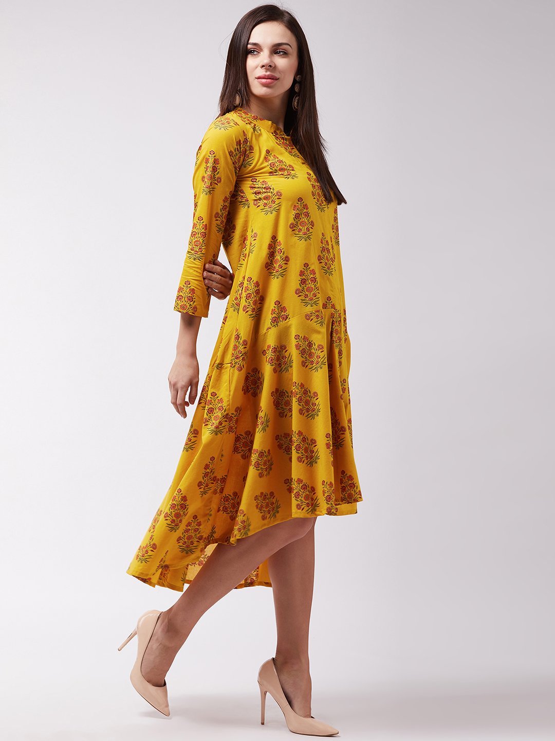 Yellow Maroon Boota Print Dress