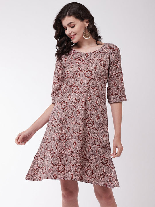 Grey And Maroon Print Dress