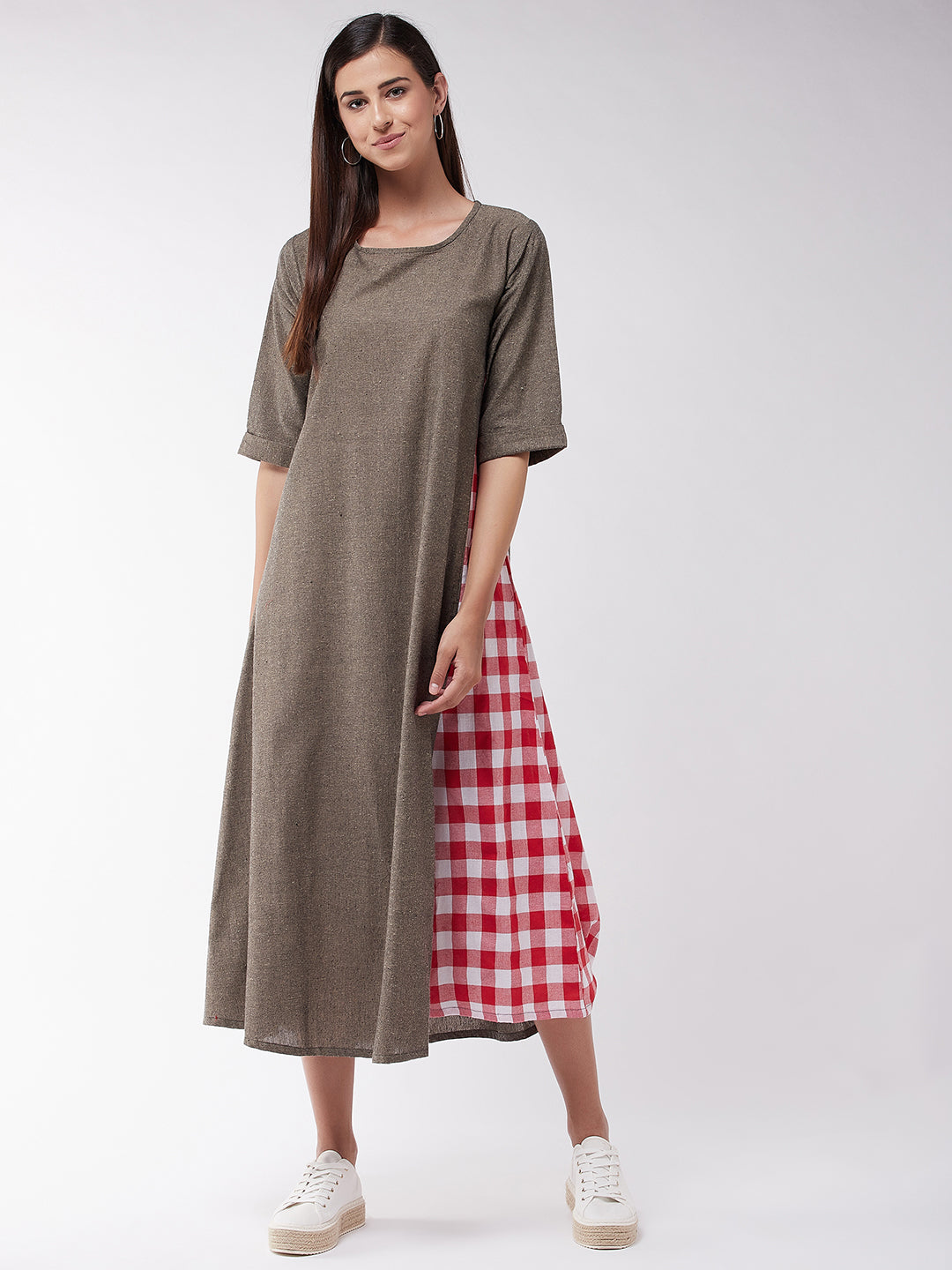 Brown Chambray Dress With Red Check Panel