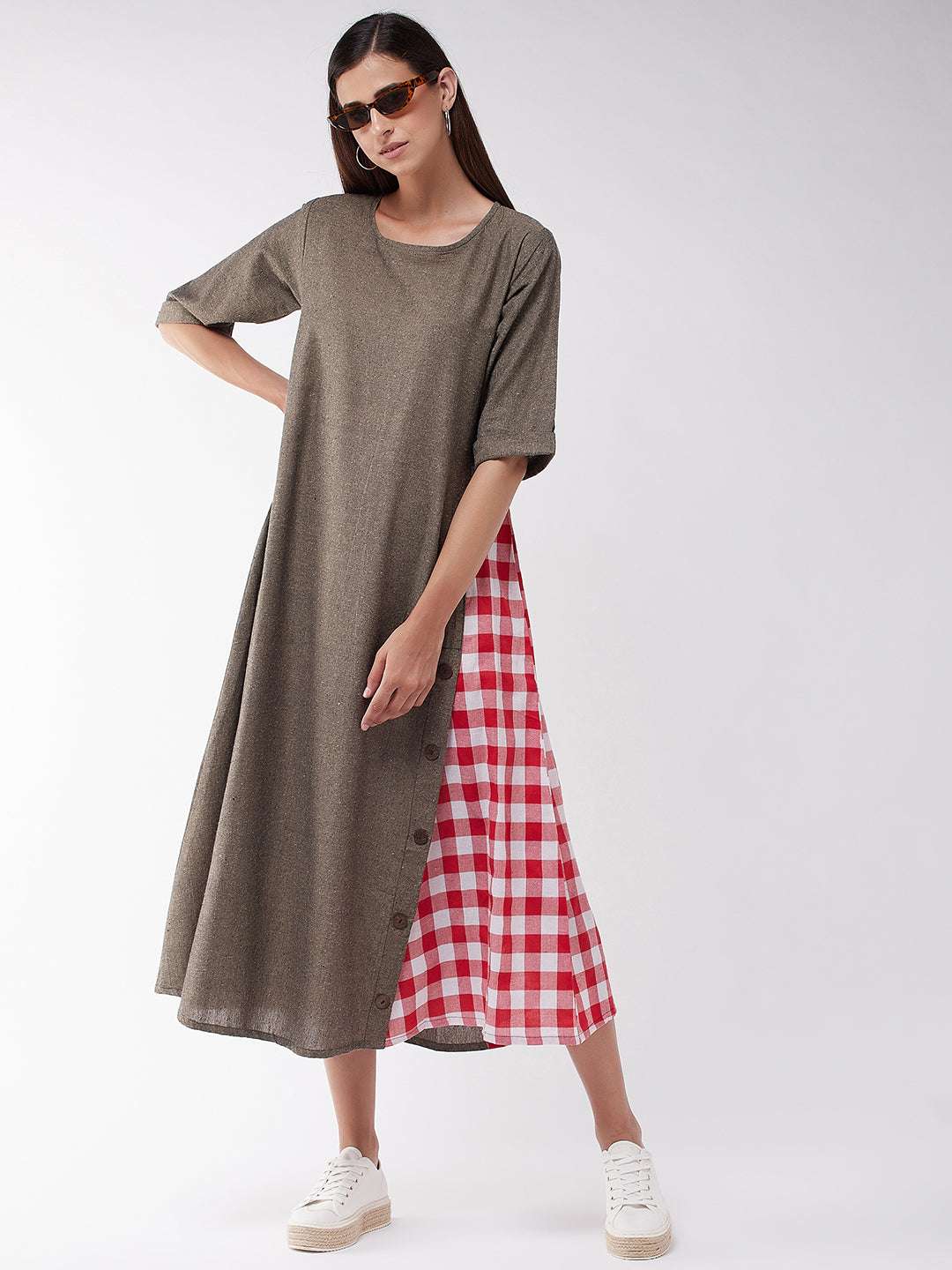 Brown Chambray Dress With Red Check Panel