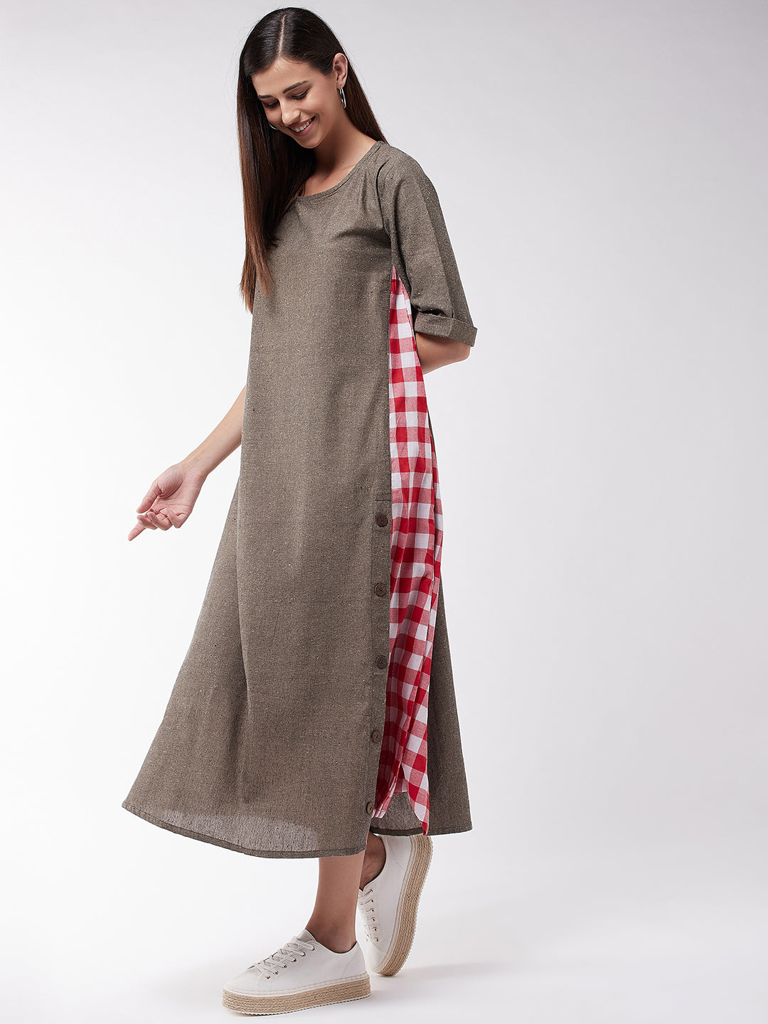 Brown Chambray Dress With Red Check Panel