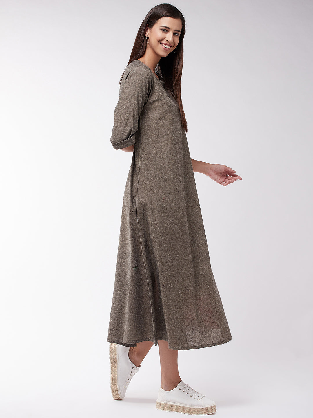 Brown Chambray Dress With Red Check Panel