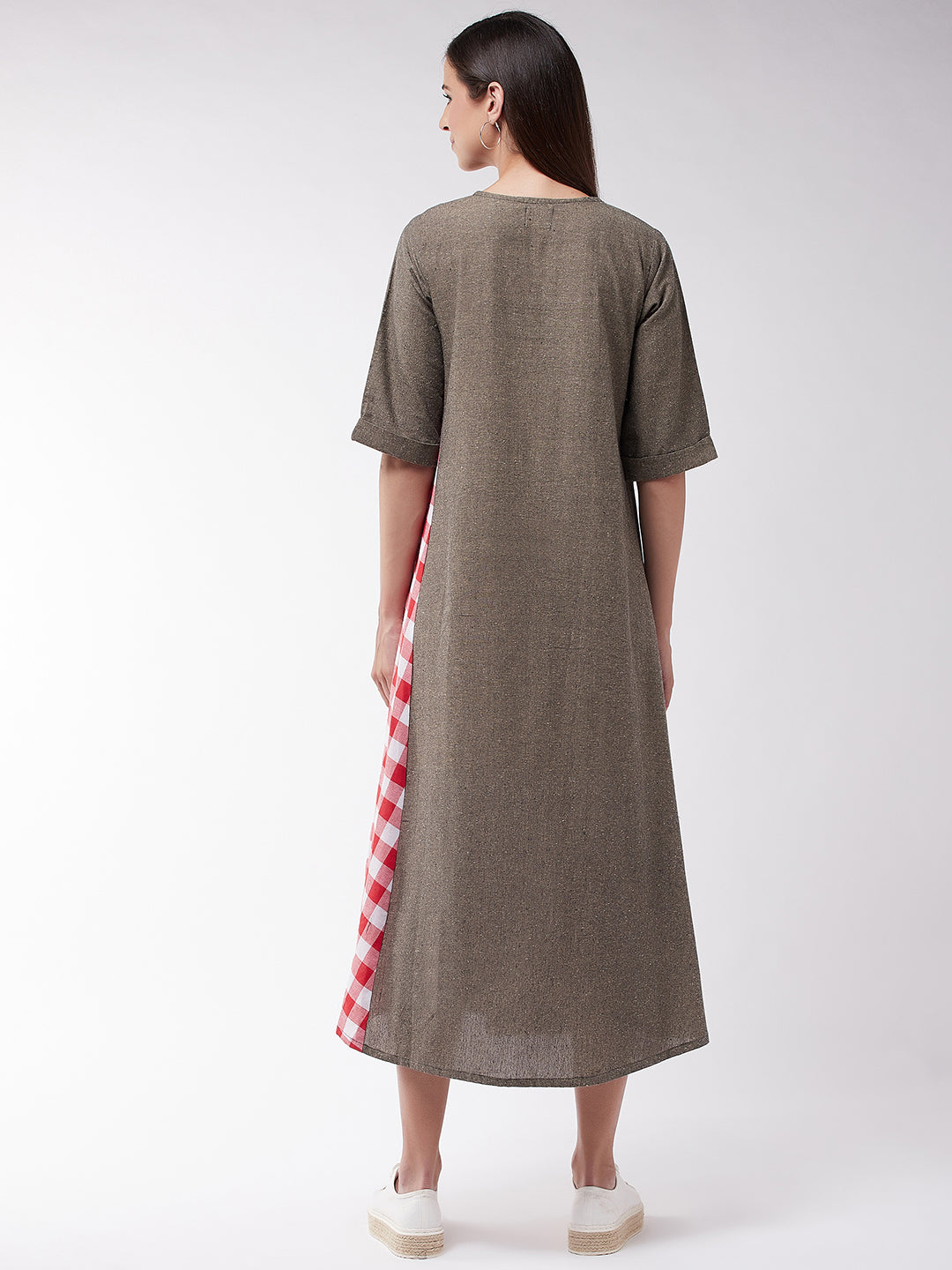 Brown Chambray Dress With Red Check Panel