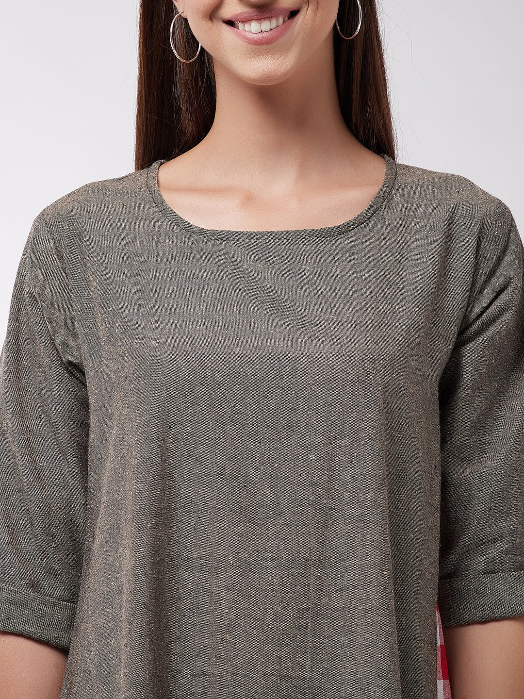 Brown Chambray Dress With Red Check Panel