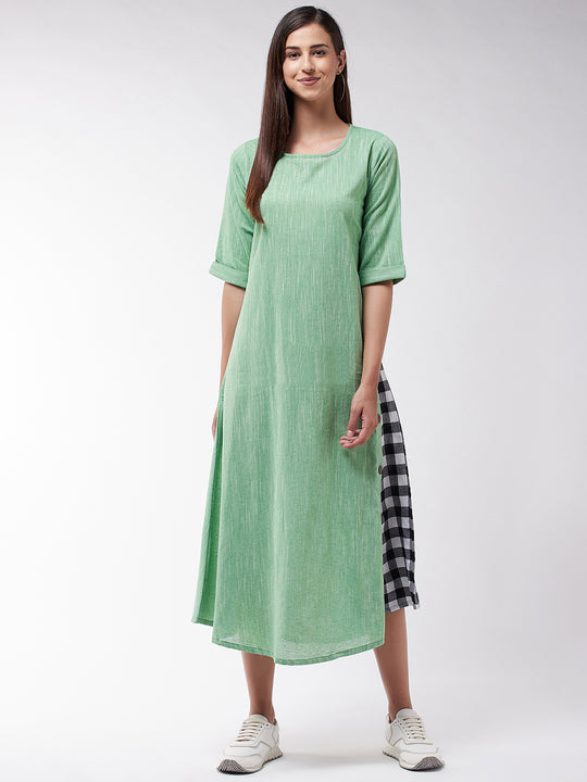 Green Chambray Dress With Black Check Panel