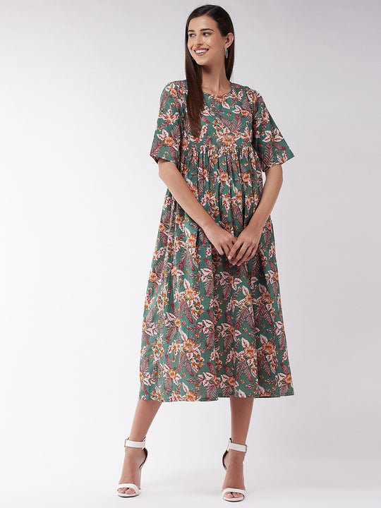 Green Floral Leaf Anarkali Dress
