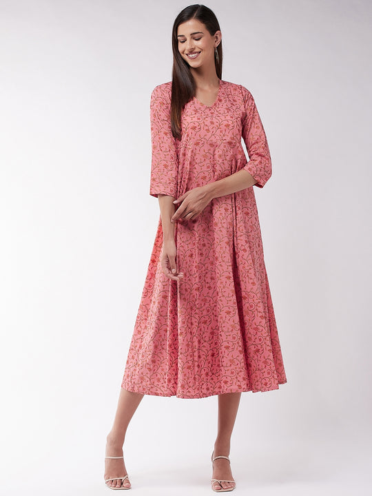 Peach Jaal Print A Line Dress