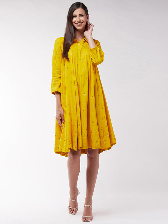 Yellow Small Print Flared Dress