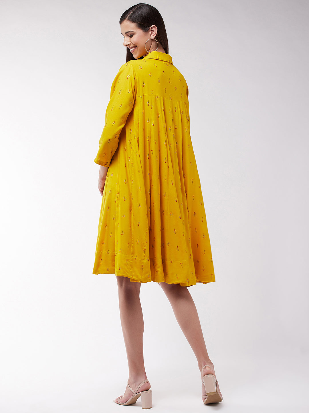 Yellow Small Print Flared Dress