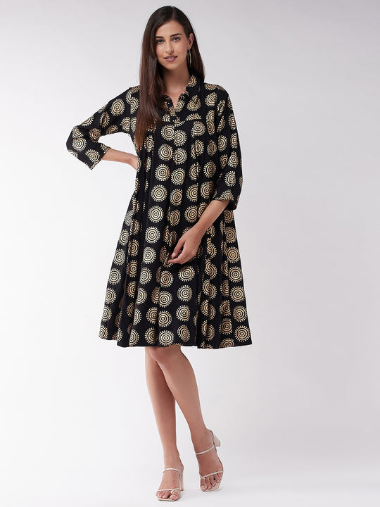 Black Gold Rings Flared Dress