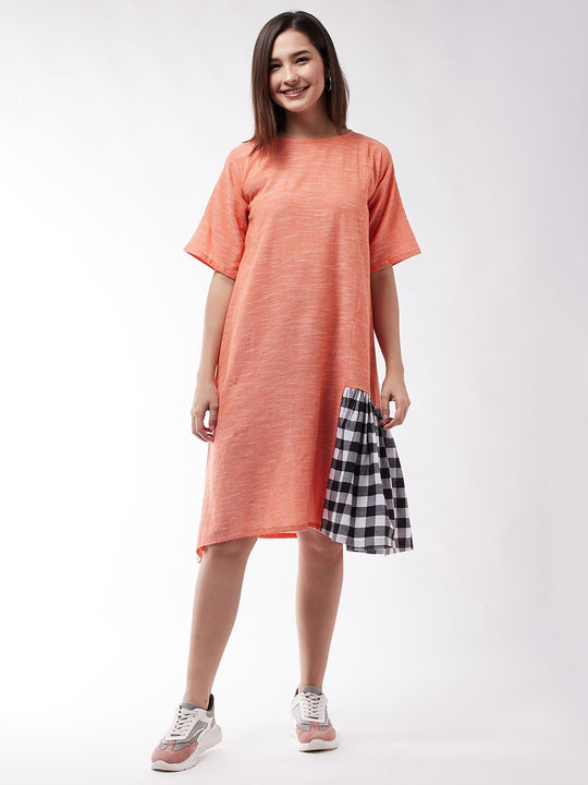 Salmon Dress With Black Check Panel