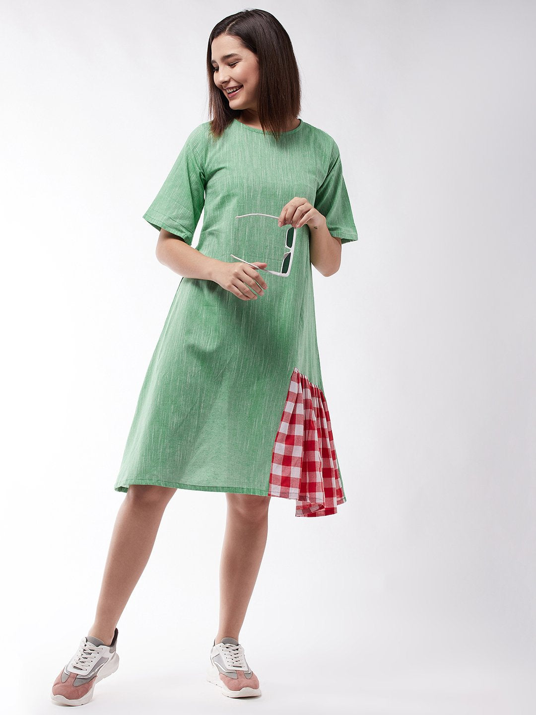 Emerald Dress With Red Check Panel