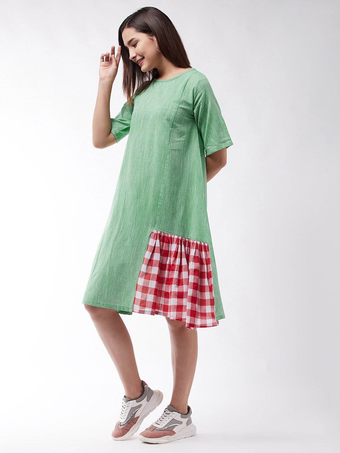 Emerald Dress With Red Check Panel