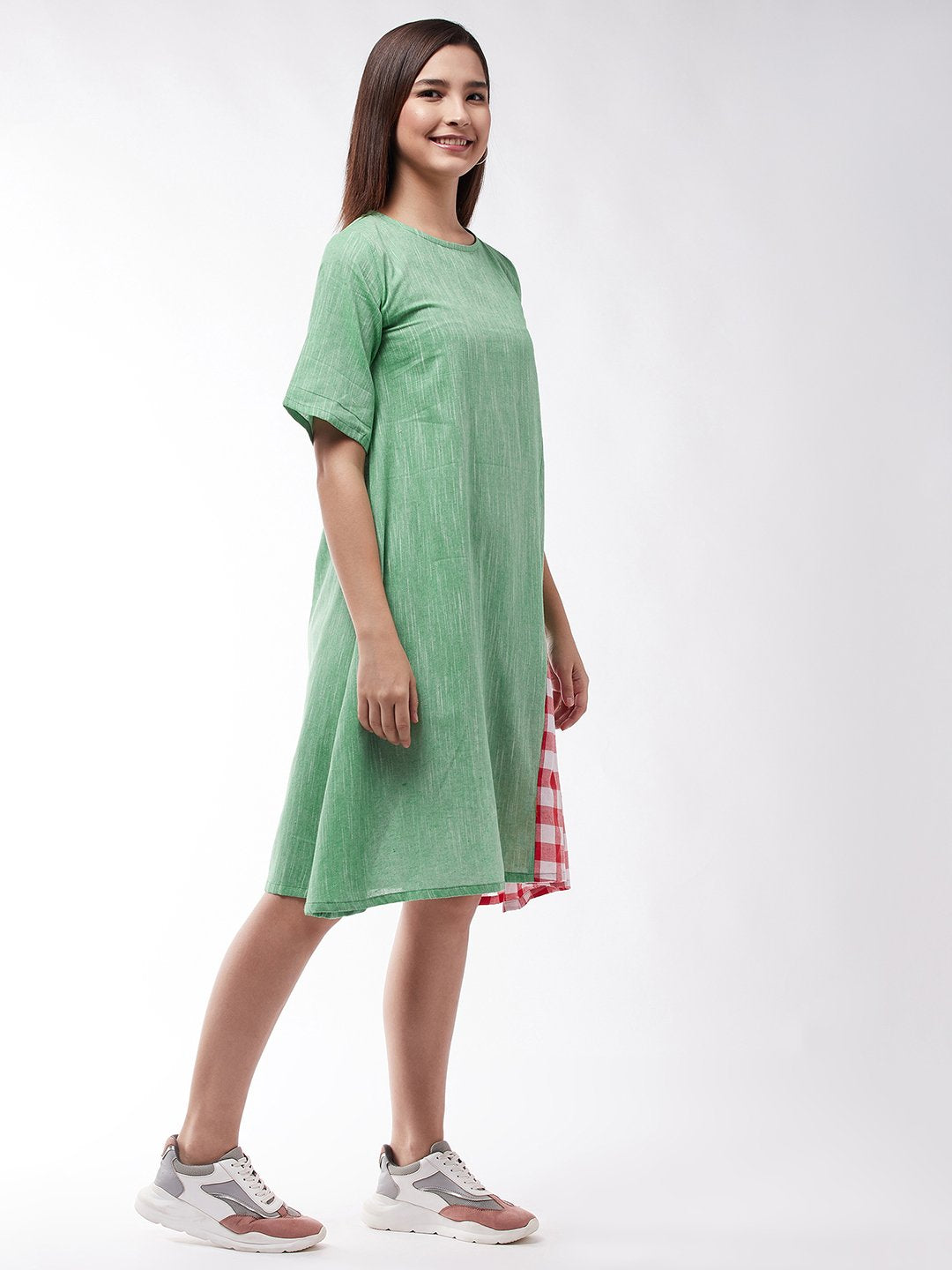 Emerald Dress With Red Check Panel
