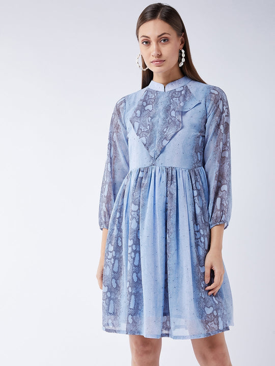 Sky Blue Snake Print Petal Sleeves Dress