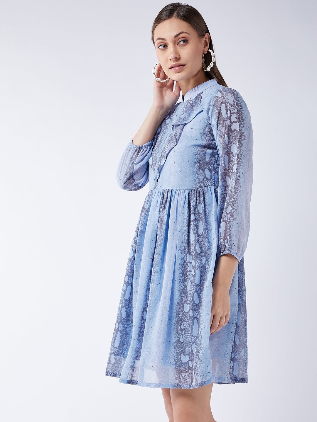 Sky Blue Snake Print Petal Sleeves Dress