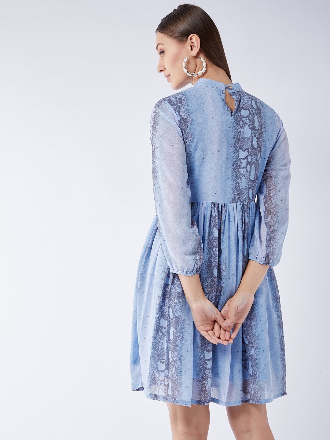 Sky Blue Snake Print Petal Sleeves Dress
