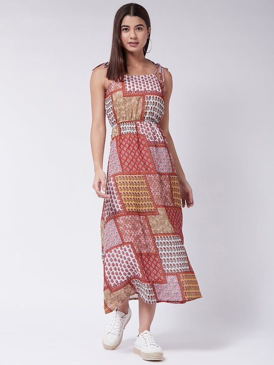 Rust Red Abstract Printed Elasticated Dress