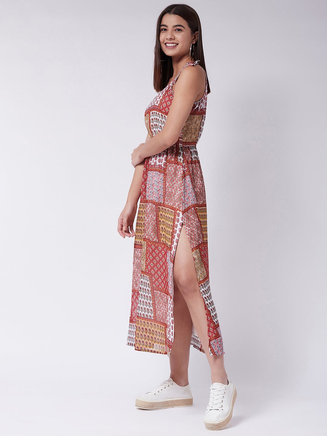 Rust Red Abstract Printed Elasticated Dress