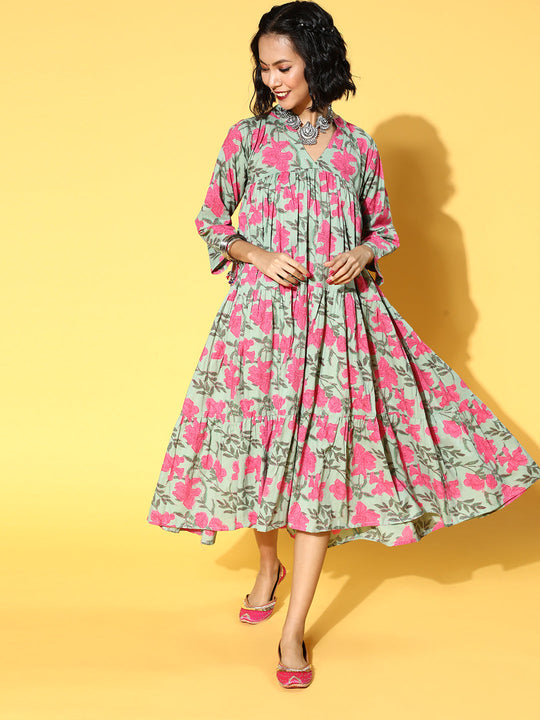 Green Pink Floral Flows Dress