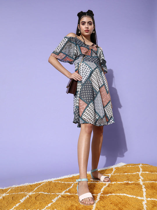 Blue Printed Cold Shoulder Dress