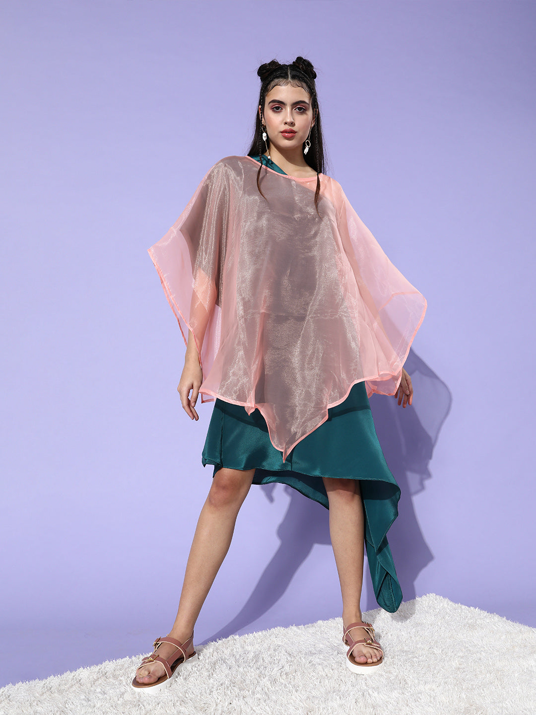 Bottle green Dress with Organza Cape