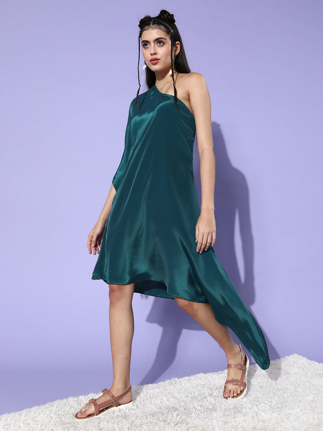 Bottle green Dress with Organza Cape