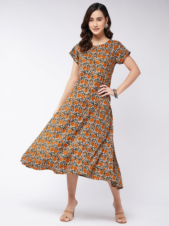 Grey Mustard Floral Print A Line Dress