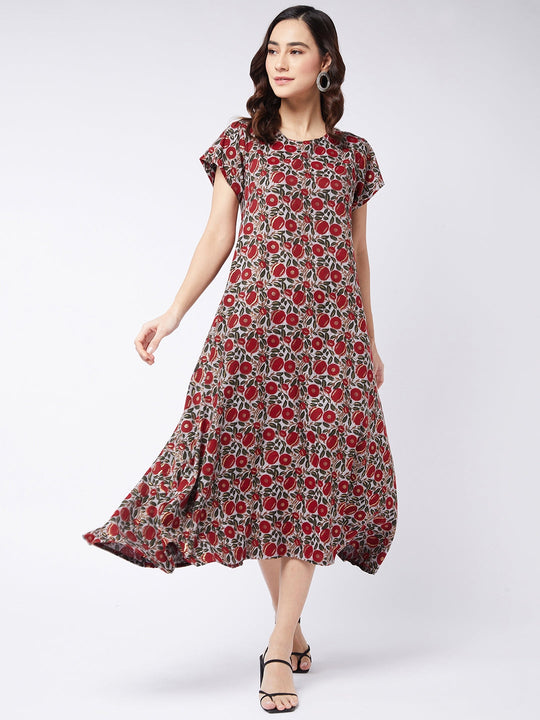Grey Maroon Floral Print A Line Dress