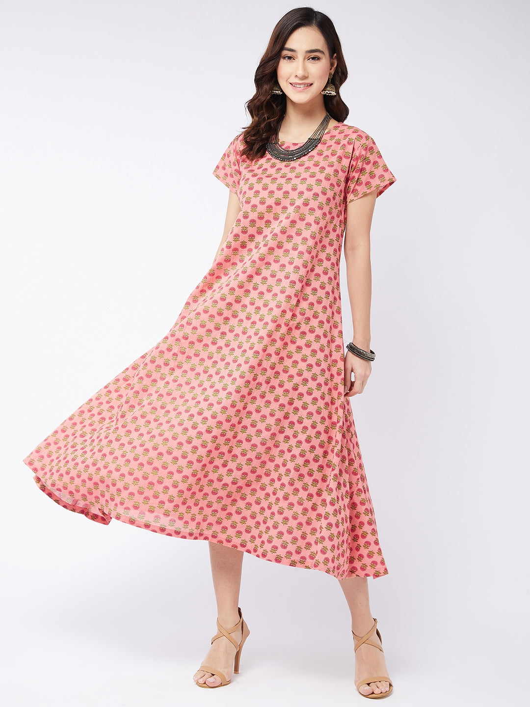 Peach Small Boota Print A Line Dress