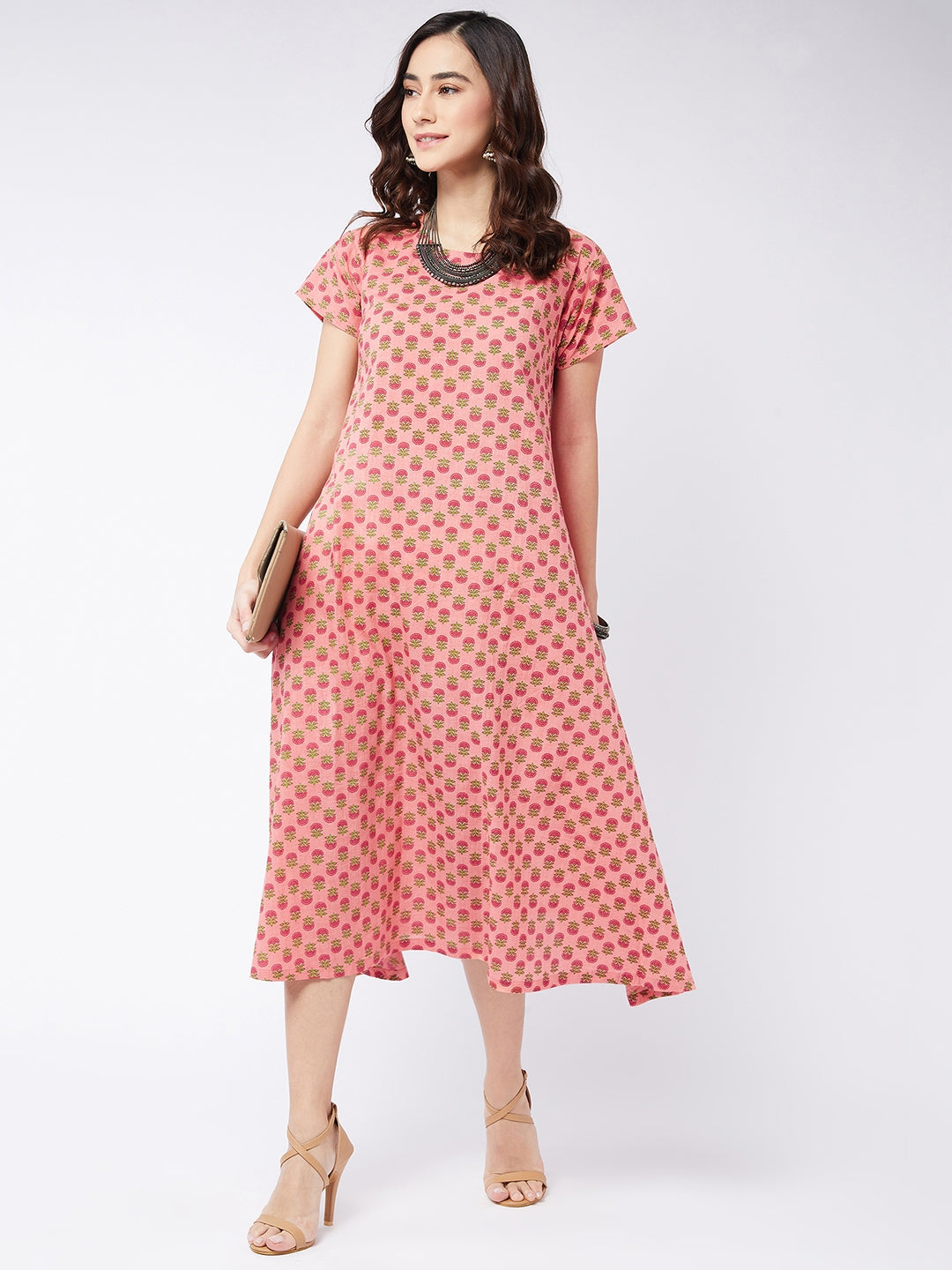 Peach Small Boota Print A Line Dress