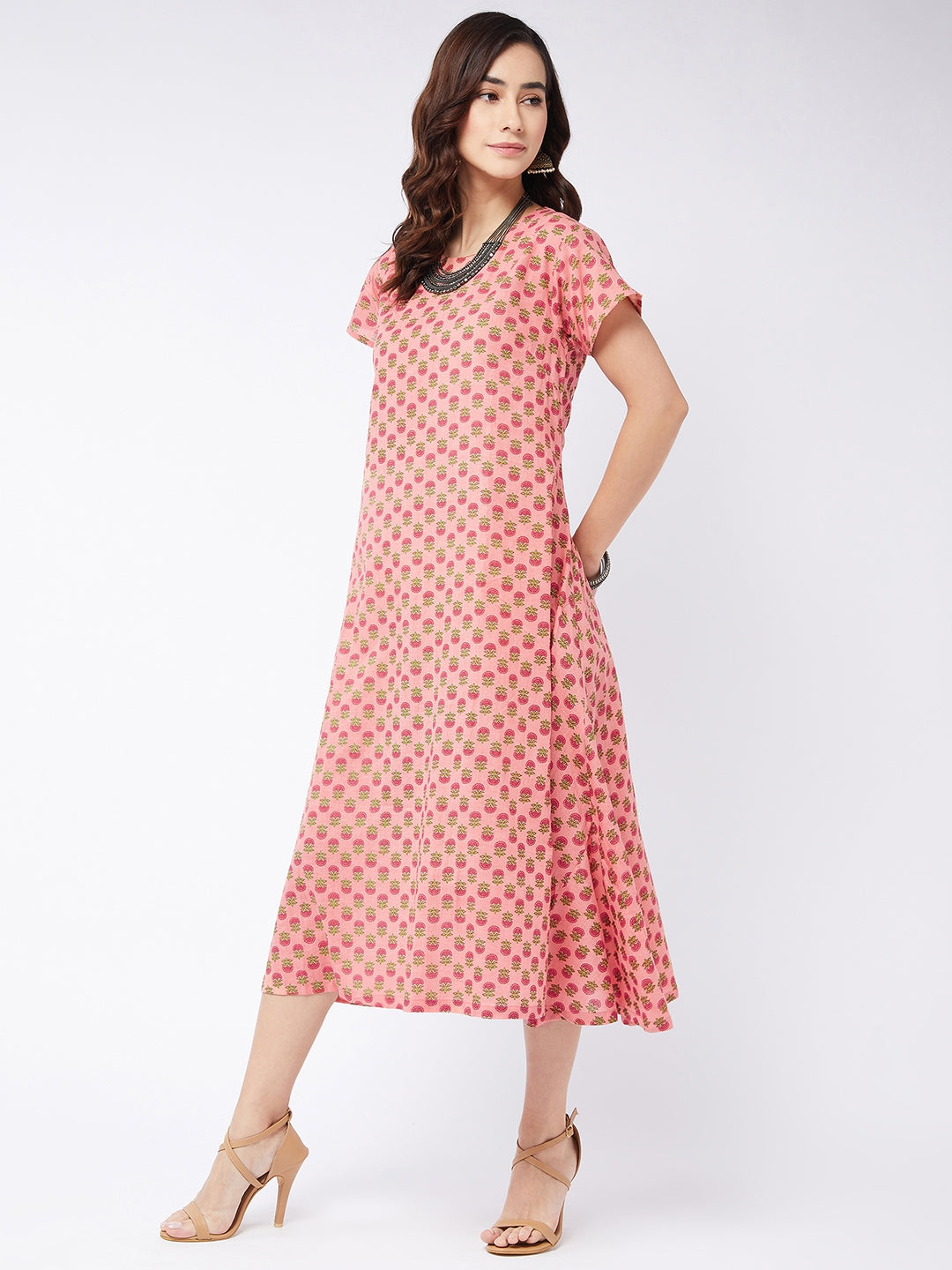 Peach Small Boota Print A Line Dress