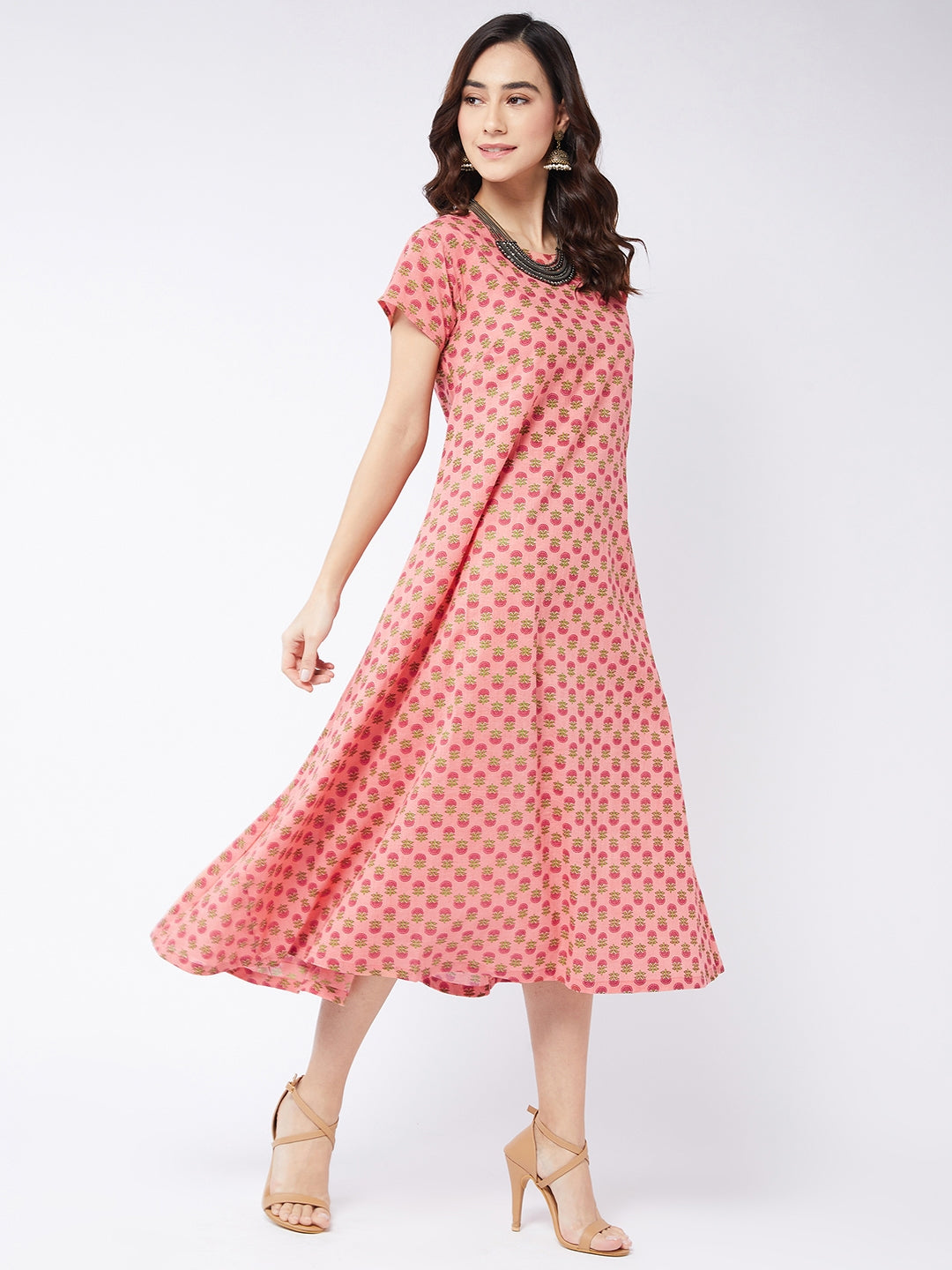 Peach Small Boota Print A Line Dress