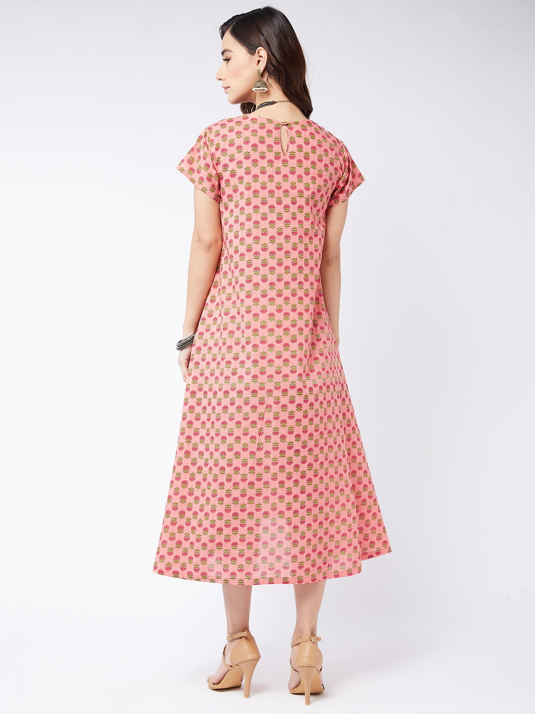 Peach Small Boota Print A Line Dress