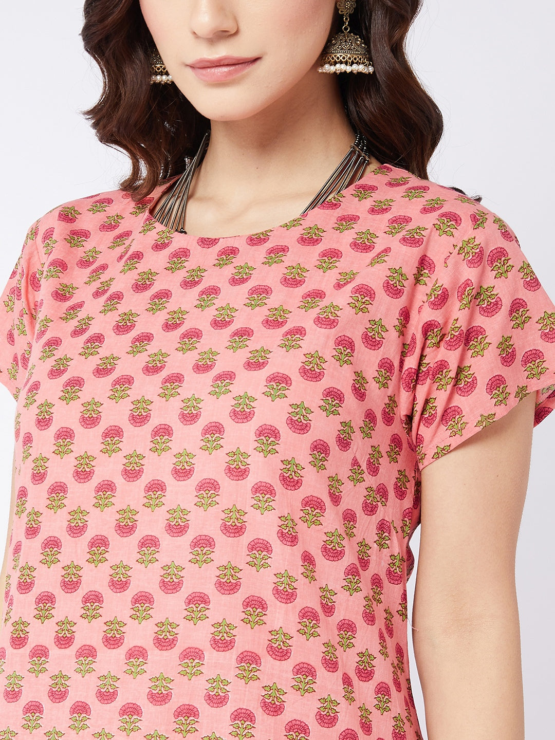 Peach Small Boota Print A Line Dress