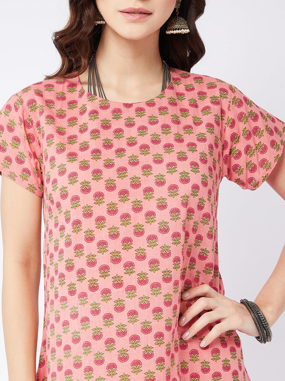 Peach Small Boota Print A Line Dress