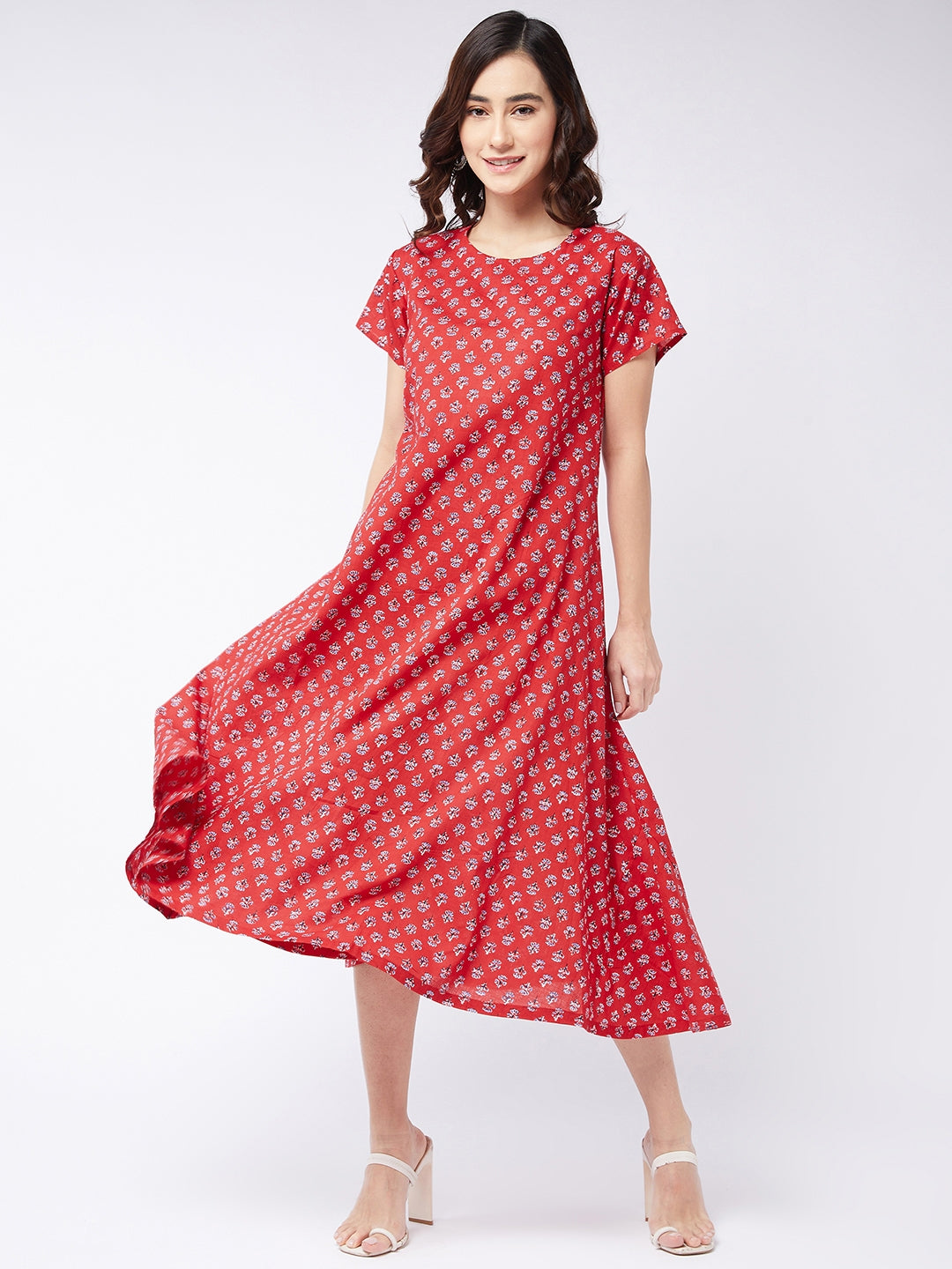 Red Small Boota Print A Line Dress