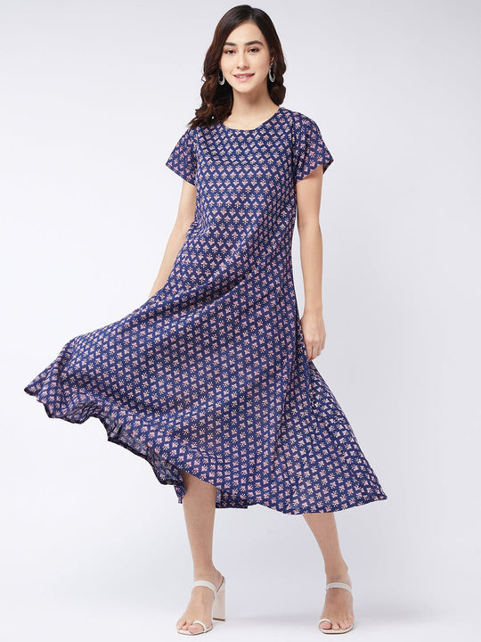 Navy Blue Print A- Line Dress