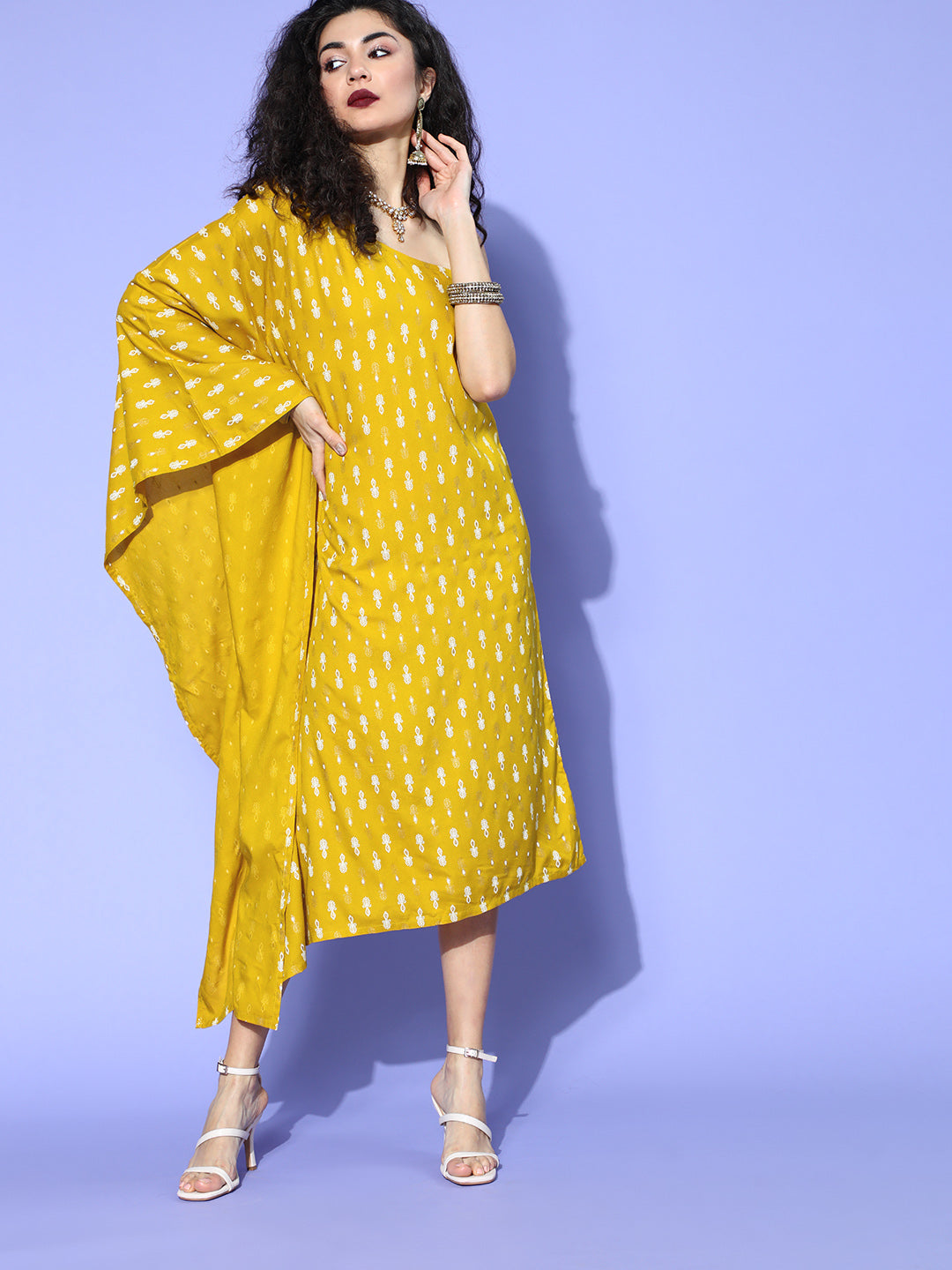 Mustard One Shoulder Kaftan Dress - InWeave Mustard One Shoulder Kaftan Dress - InWeave
