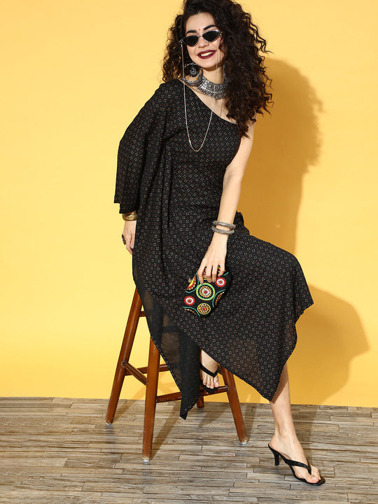 Black Pin Dot One Shoulder Kaftan Dress