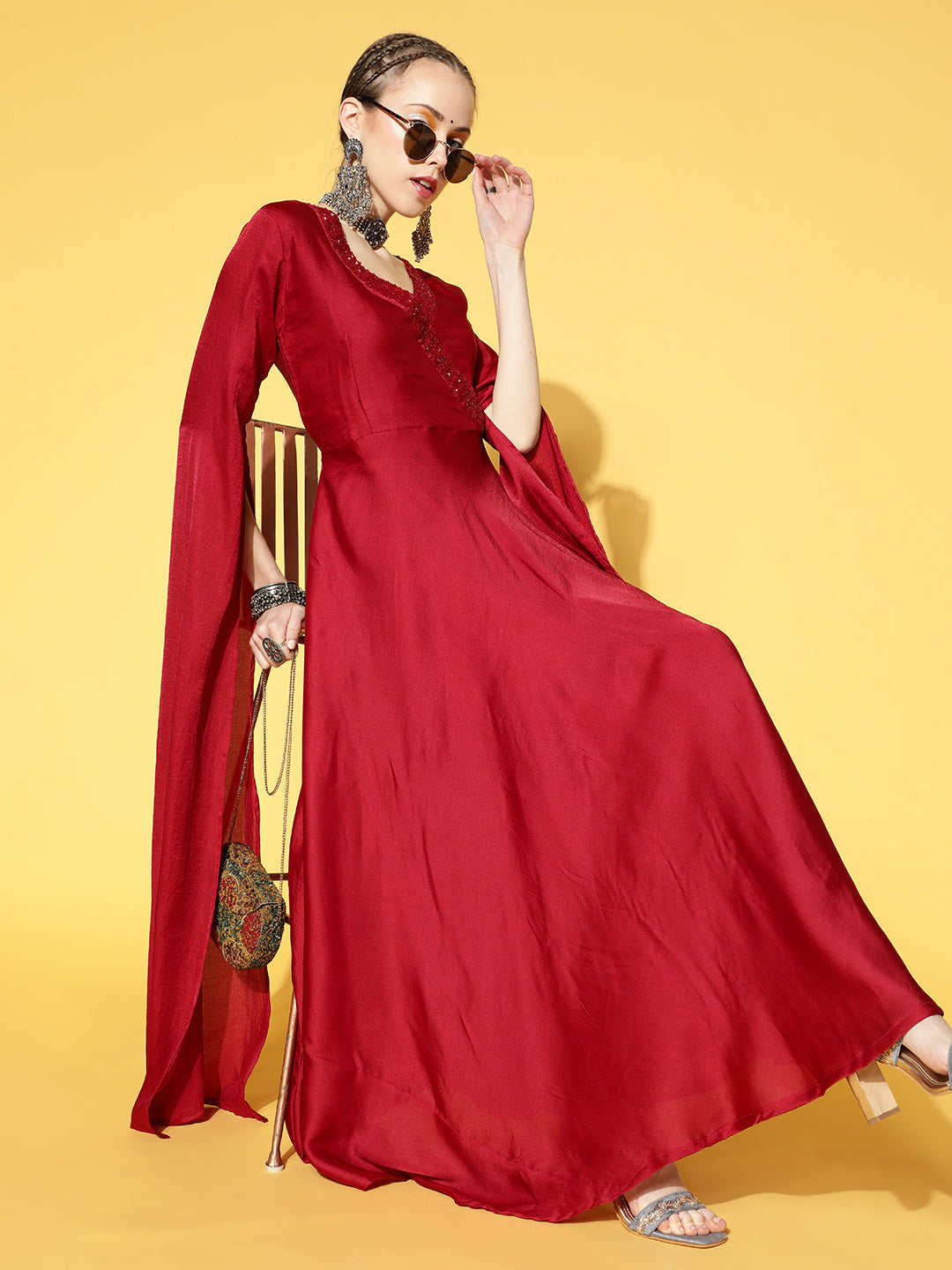 Maroon Gown With Flowy Sleeves