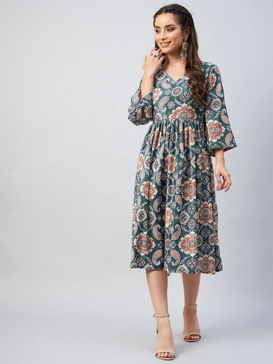 Green Printed Velvet Dress