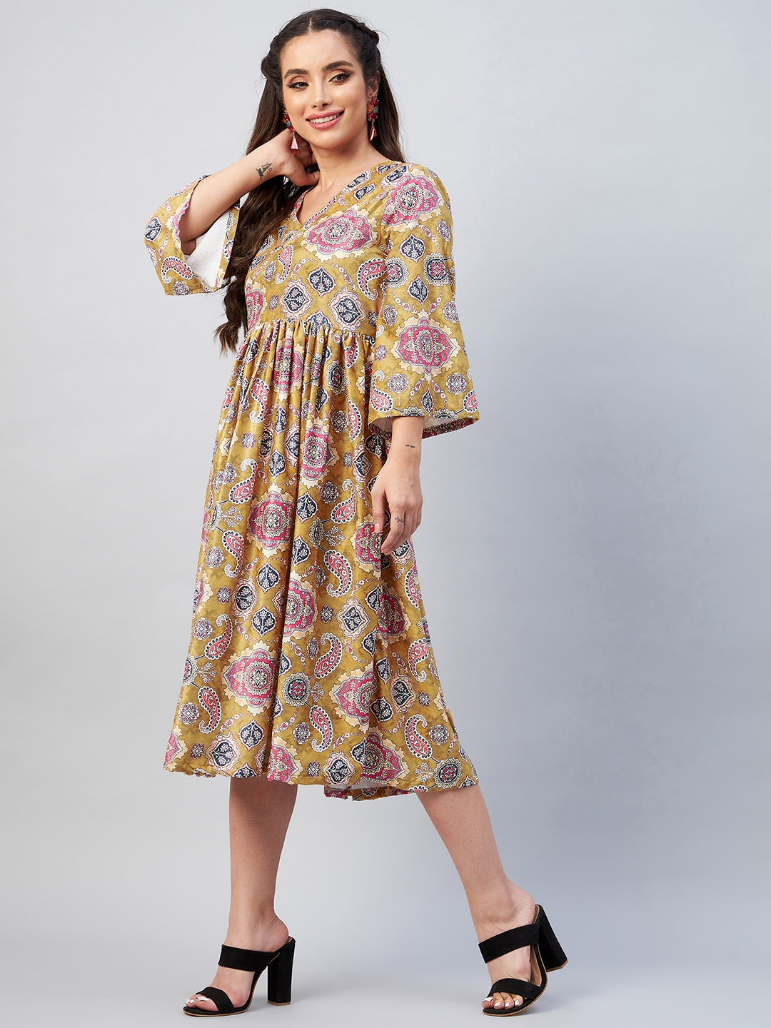 Yellow Printed Velvet Dress