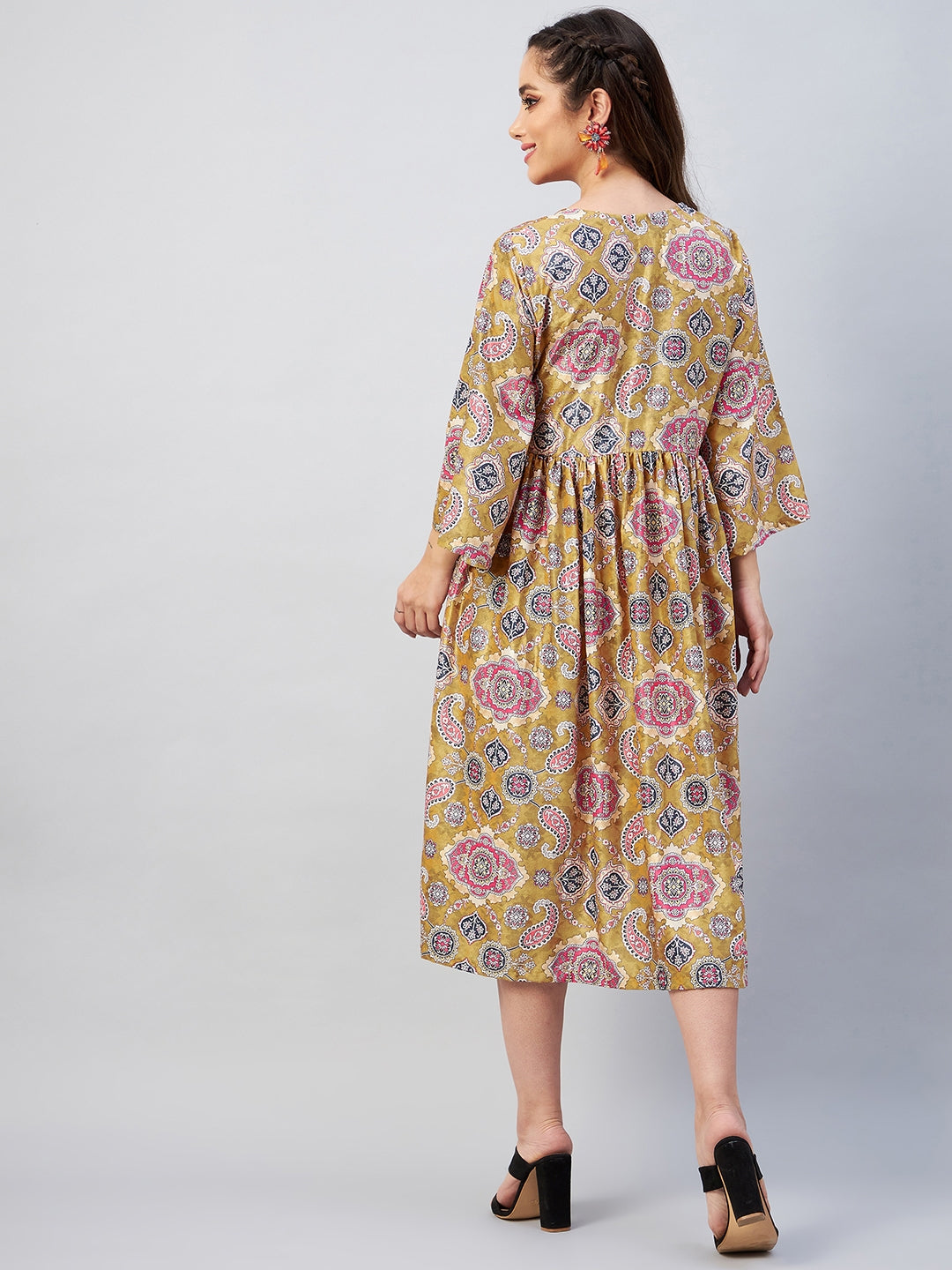 Yellow Printed Velvet Dress