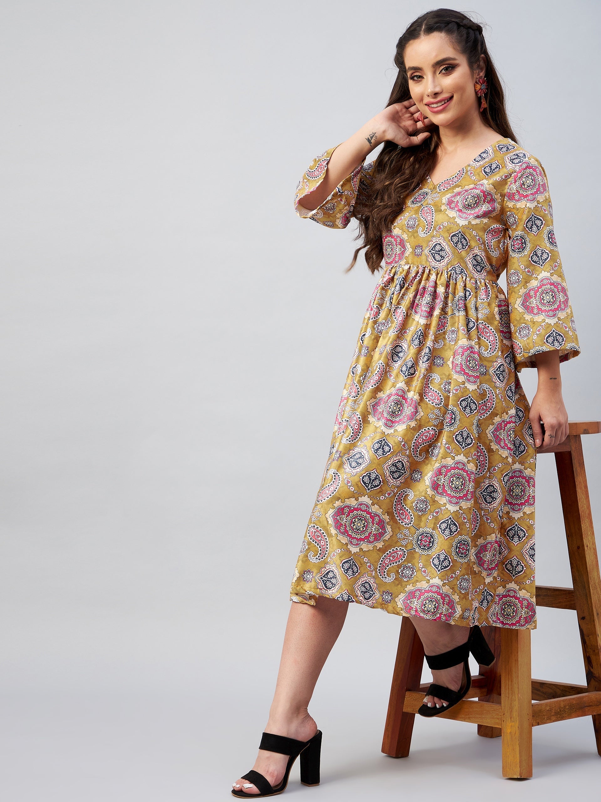 Yellow Printed Velvet Dress