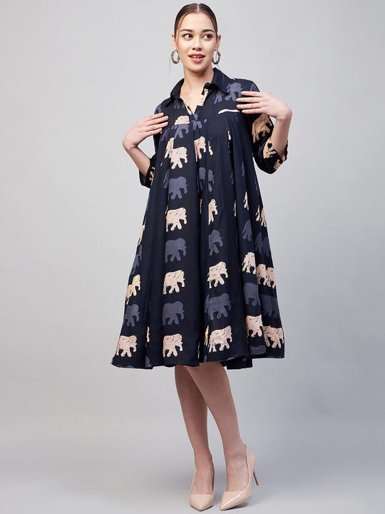 Blue Elephant Print Flared Dress